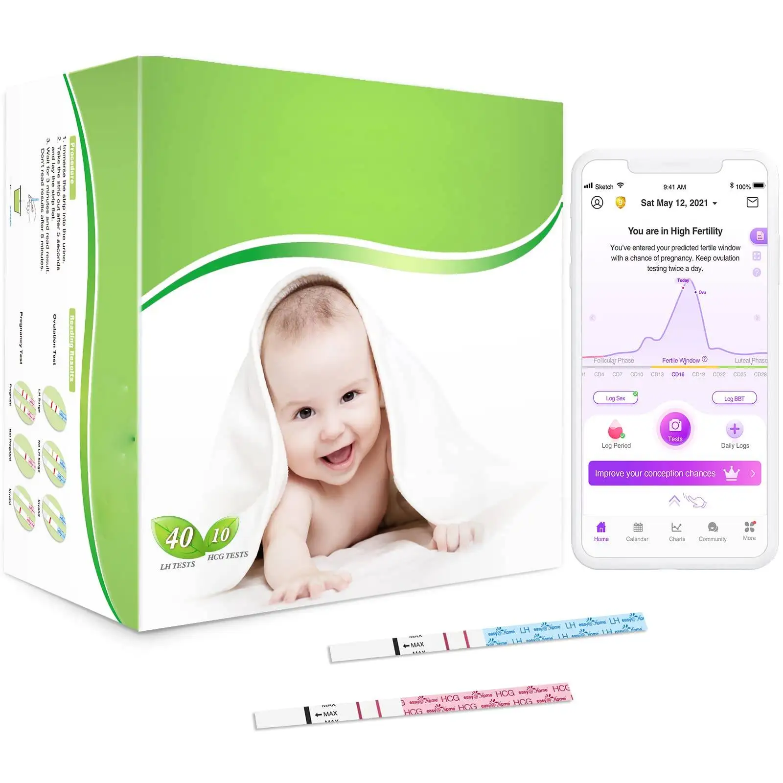 Ovulation Test Strips Powered by Ovulation Predictor APP FSA Eligible 40 Ovulation Test and 10 Pregnancy Test Strips 40LH +10HCG