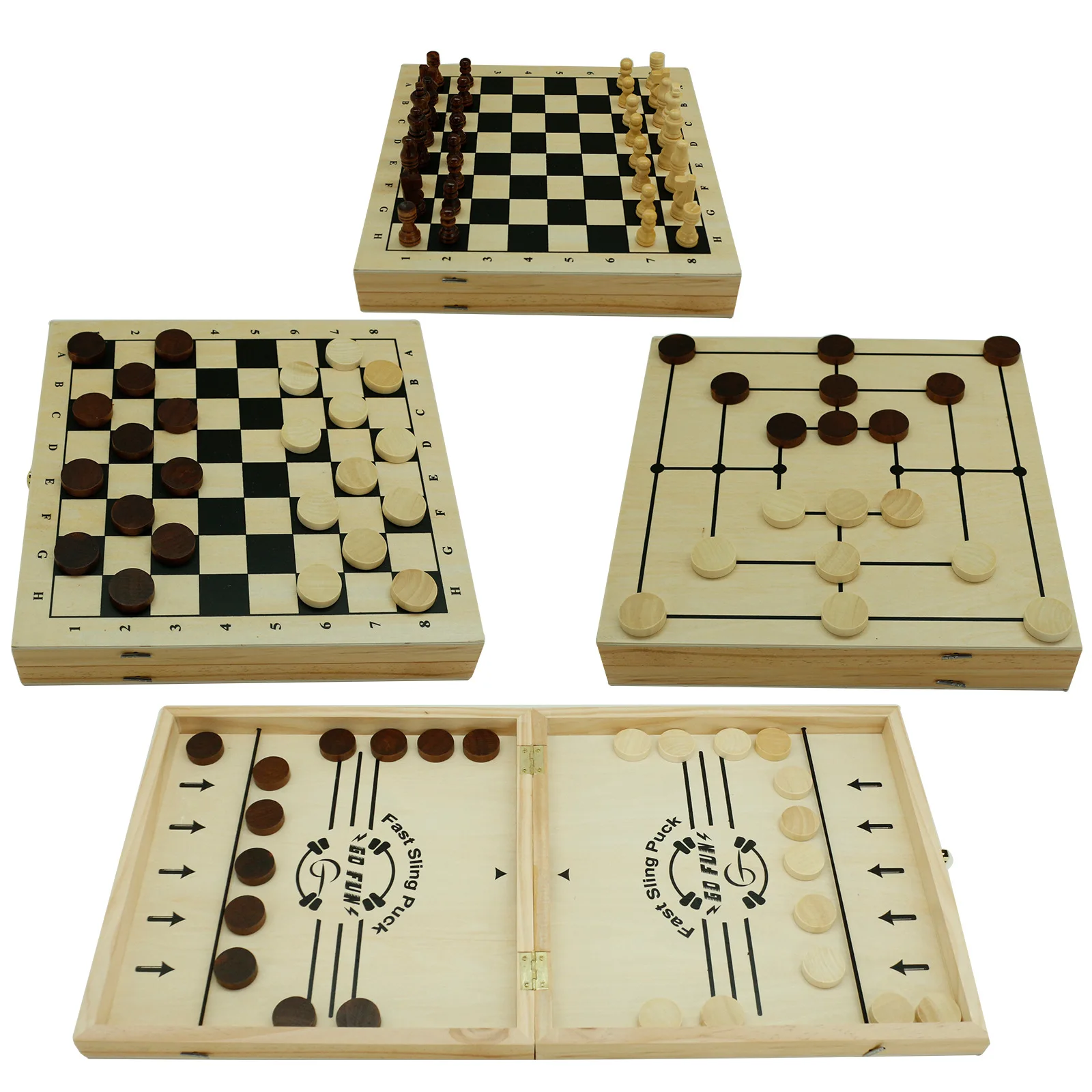 4 in 1 Board Game Set - Extra Large Sling Puck Game Wooden Chess Board Sets, Checkers Board Game for Adults and Nine Mens Morris
