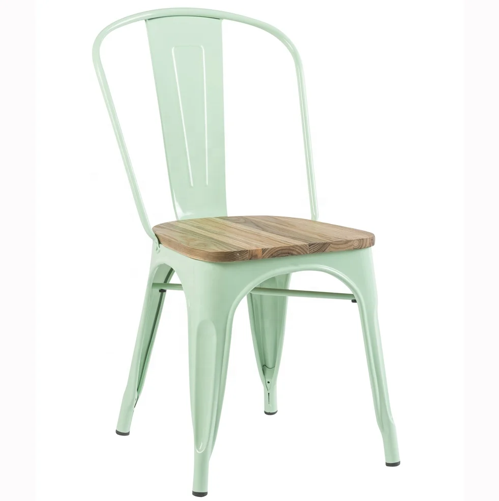 High Back Stackable Dinning Metal Steel Chairs With Wood Seat For Sale