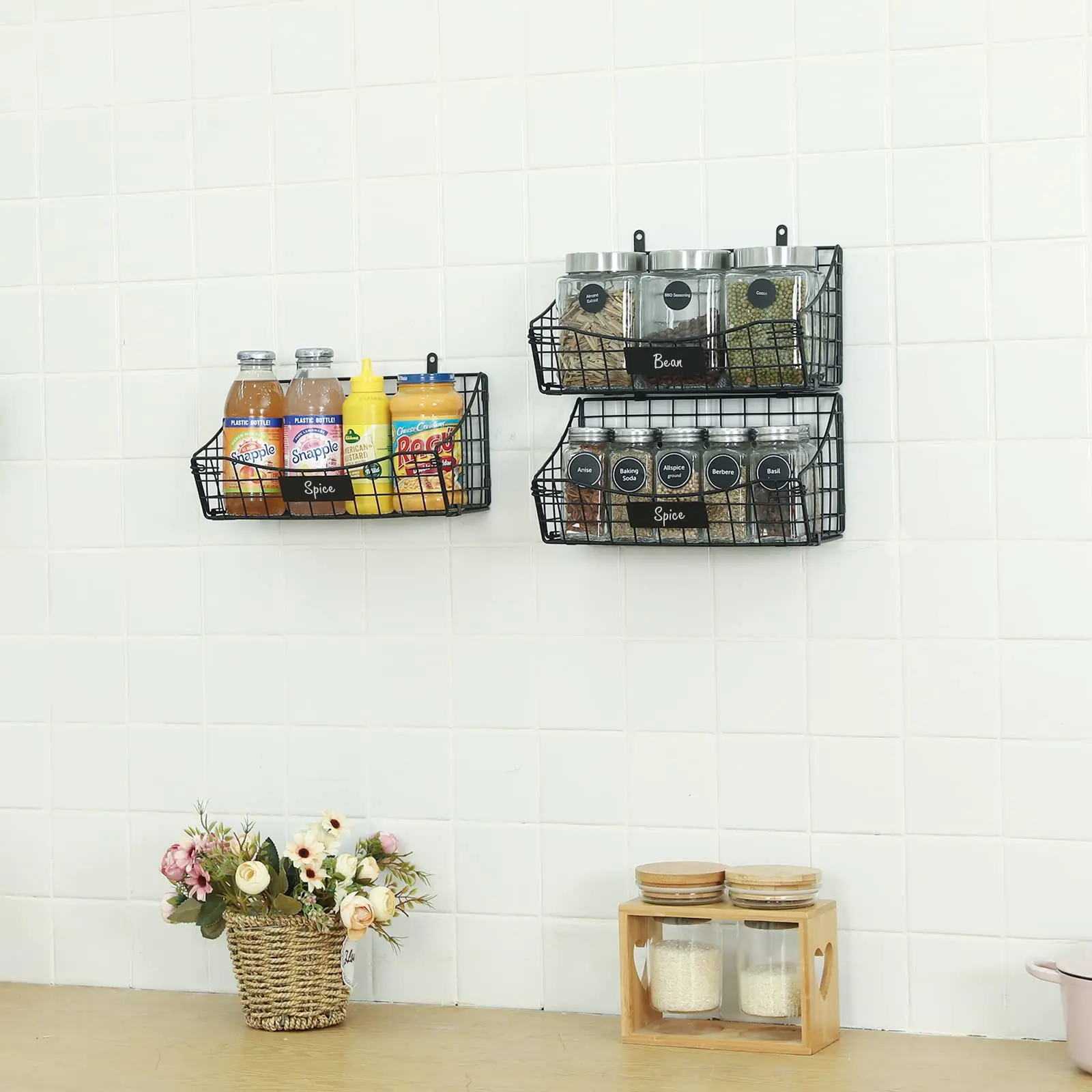 Storage Basket 3 Pack Over Cabinet Door Organizer Name Plate Hang Railing Grid Panel for Kitchen Pantry Bathroom Laundry