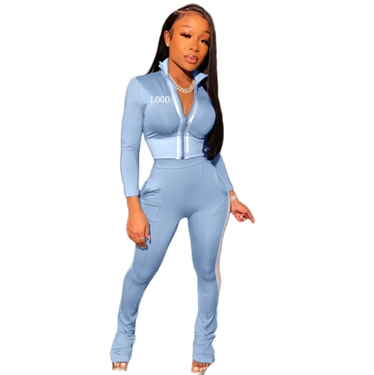 
Custom logo plus size two pieces set women clothing Reflective strip long sleeves two piece outfit women Zipper lady sport suit  (1600079535061)