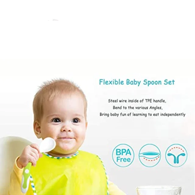 Easy Grip Heat-resistant Bendable Soft Perfect Self Feeding Learning Training Baby Utensils Fork Spoons with Travel Safe Case