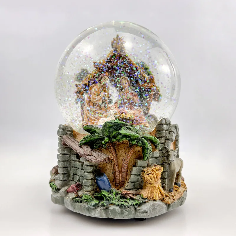 Jesus Snowball Music Box Resin Ornament Rotating Crystal Ball Sparkle Music Box Christmas Gift Snowball