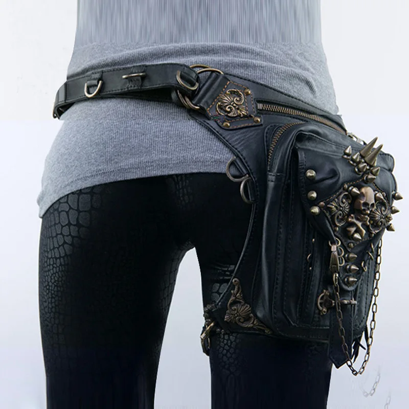 Trendy retro locomotive bag women mobile phone waist  leg bag rivet skeleton waist bag