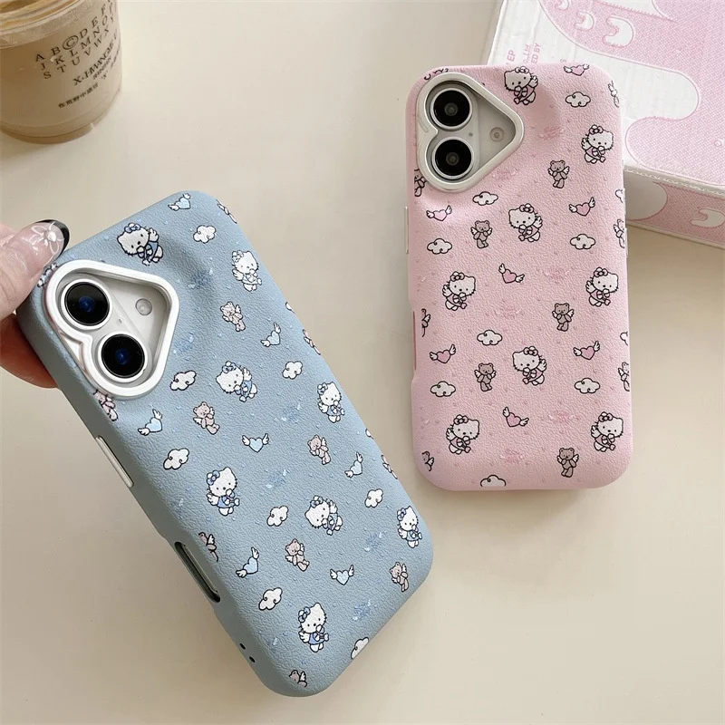 Fashion Girl Cartoon Drum Bag Full Powder Blue Cat Shockproof Mobile Phone Accessories Cover Case For iPhone 13 14 15 16 Pro Max