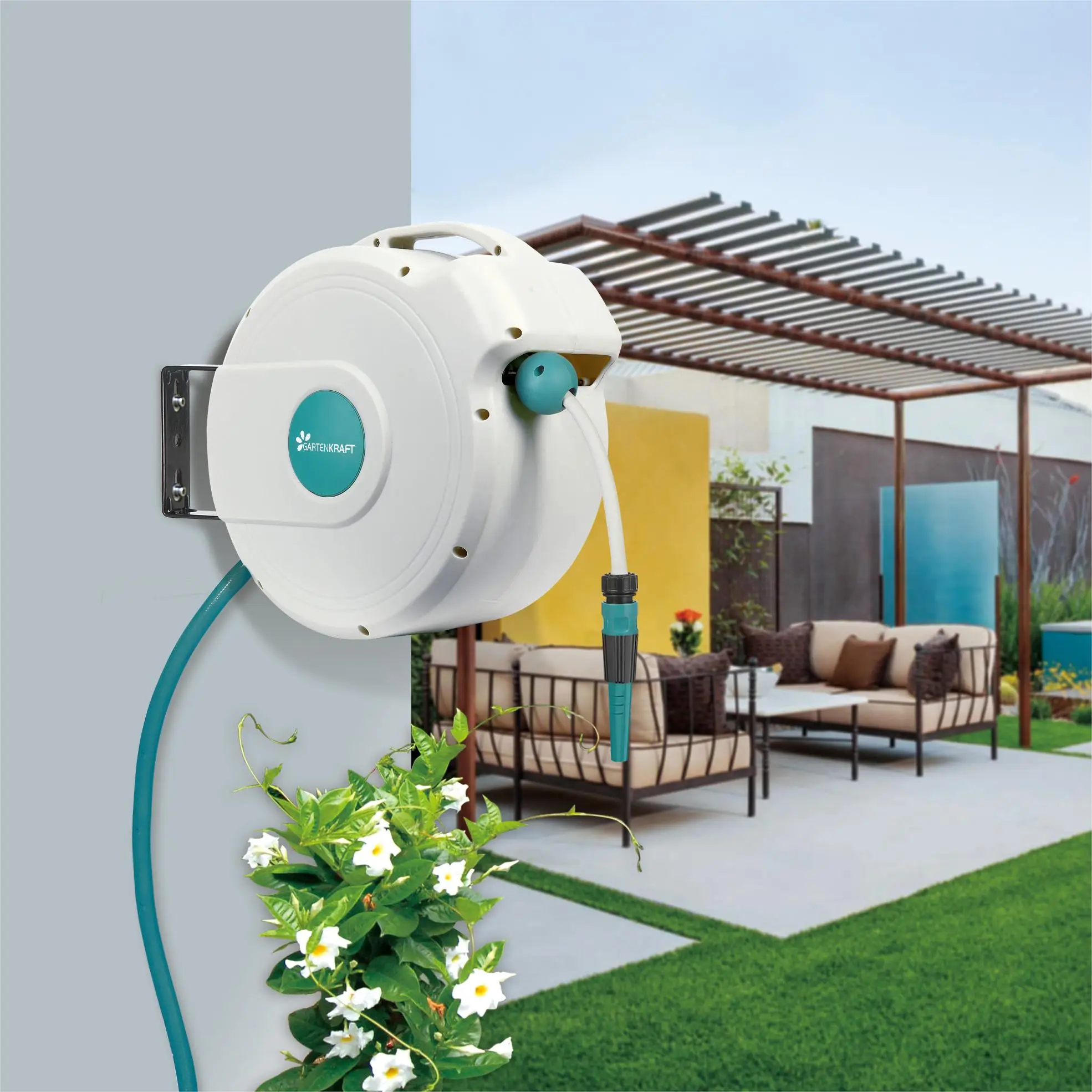 GARTENKRAFT 20M 1/2' Retractable Automatic Garden Water Hose Reel Retractable Heavy Duty Hand Hose Reel