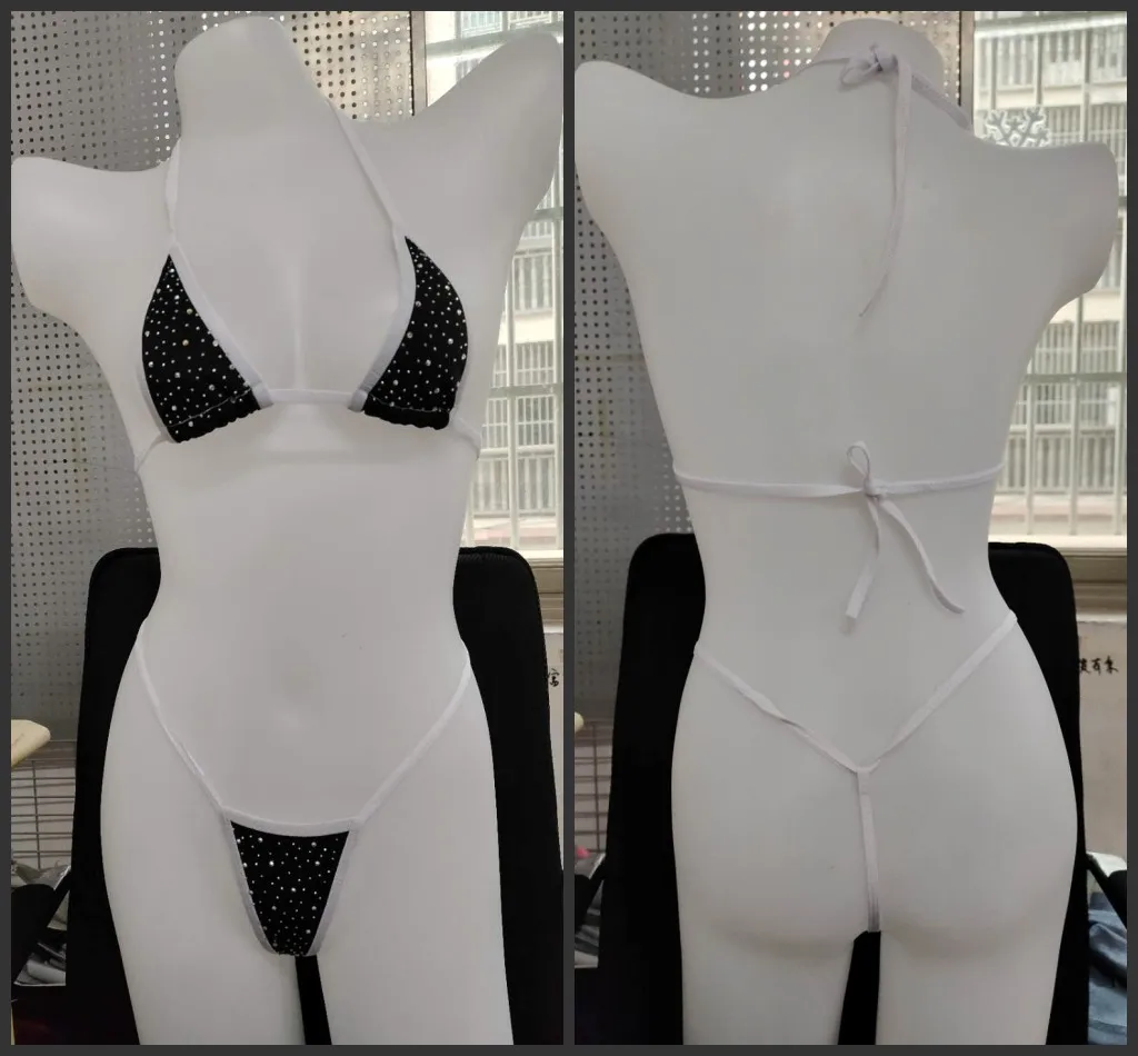 Halter Neck Self-tie Bra Top with G-String Thong Set Sexy Micro Mini Swimsuit rhinestone Bikini crystal Swimwear