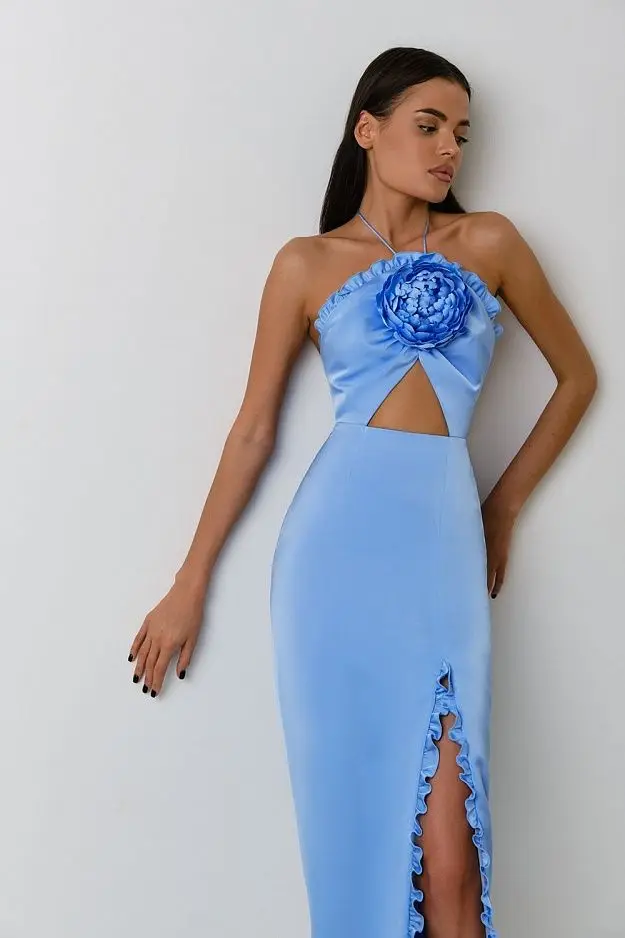 Summer sexy 3D flower halter bandage gown evening dress backless long women formal dress
