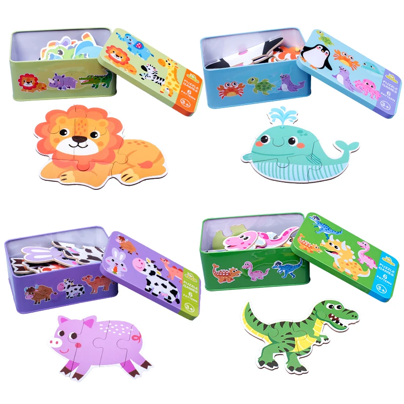 Children 6 in 1 Large Iron Box Cartoon Animal 3D Jigsaw Puzzles Board Game Wood DIY Early Educational Toys for Kids Boys Girls