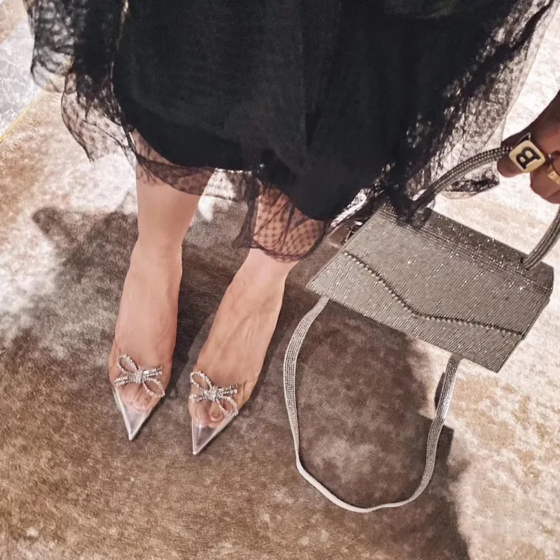 Rhinestone Bowknot Pointed Sandals Female Fairy Wind Net Red Crystal Transparent Rhinestone High Heels Stiletto Heels