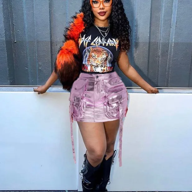 X11269C Metallic Silver Pink PU Leather Skirts for Woman Streetwear Sexy High Waist Cargo Mini Skirt Fashion 2024