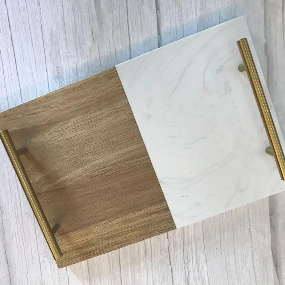 
 Новый продукт, индивидуальный дизайн 2020, ручная работа, роскошный поднос из мрамора и дерева с ручкой из нержавеющей стали  