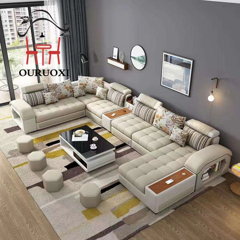 U Shape 7 Seater Sofa Fabric Modern Design Sofa Set Furniture Living Room Sofa