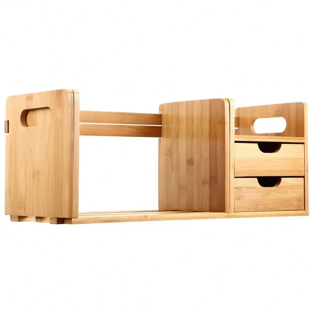 Natural Bamboo Desk Organizer With Extendable Storage For Office And Home, CD Holder Media Rack