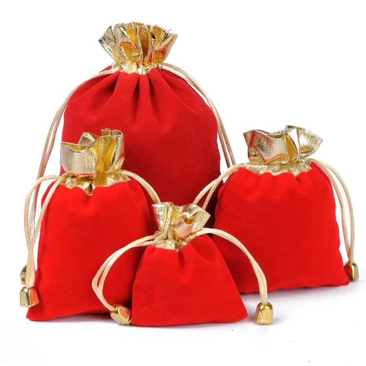 In Stock Wholesale Red Velvet Jewelry Packaging Bag Jewelry Pouch Drawstring Beads Packing Bag