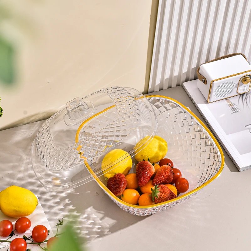 Multisize Transparent Gold Line Plastic Serving Bowl with Lid Salad Bowl for Cereal Pasta Fruit Popcorn Chips