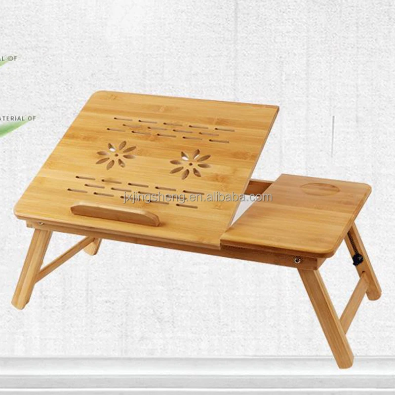 Folding Laptop Table with Fan Bamboo Portable Computer Desk for Bed Sofa Height Adjustable Laptop Stand
