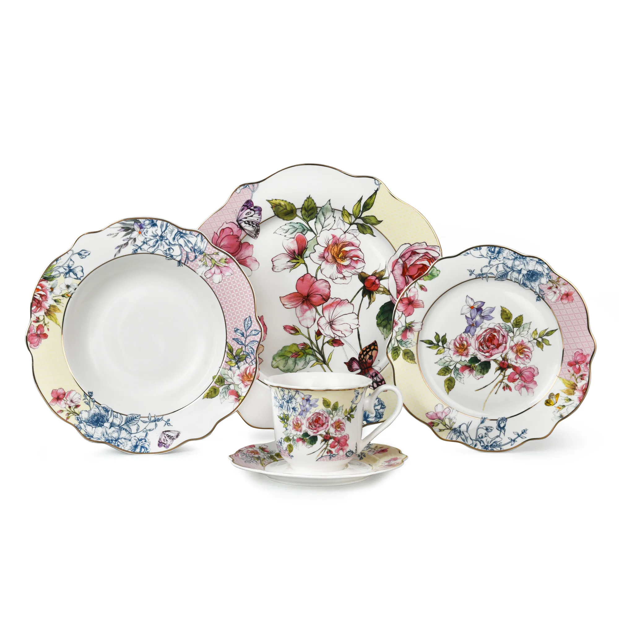 Ready To Ship 20pcs European Elegant Vintage Floral Dinnerware Plate Set for 4 People Party Dinner Sets with Home Use Cups