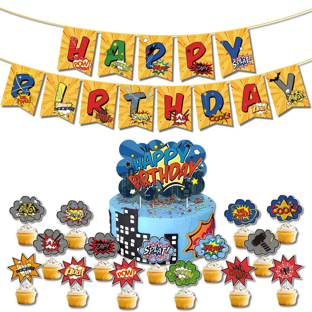 Оригинальный набор украшений для тематической вечеринки в виде супергероя, флаг, натягивающий воздушный шар, открытка для торта с вставкой, товары для детского дня рождения