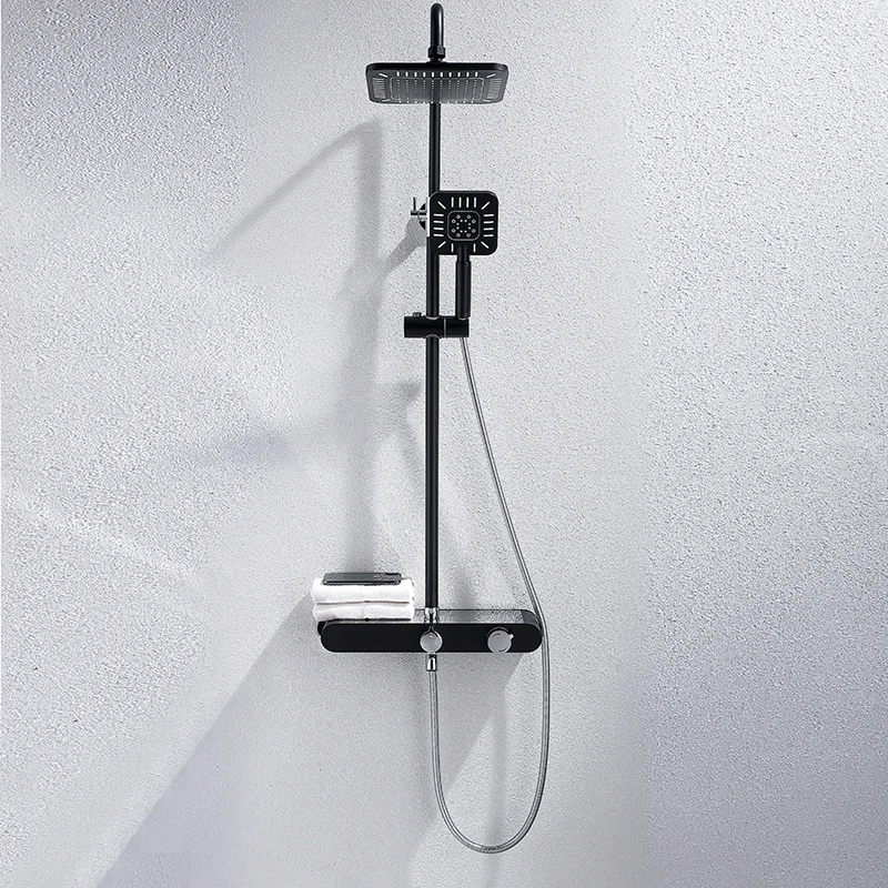 Hot Sale Matte Black Double Button Control Shower Fixtures with Shampoo Holder Shower Mixer Taps Faucets