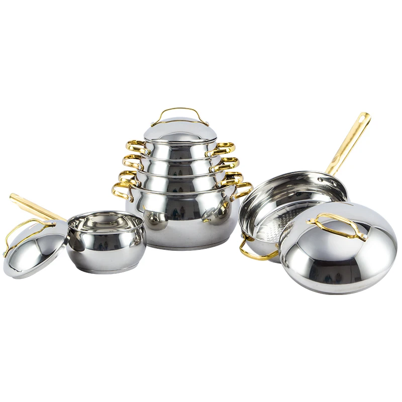 Factory 12 pcs Cookware Set Gold-plated Knob and Handle Stainless Steel Cooking Pot
