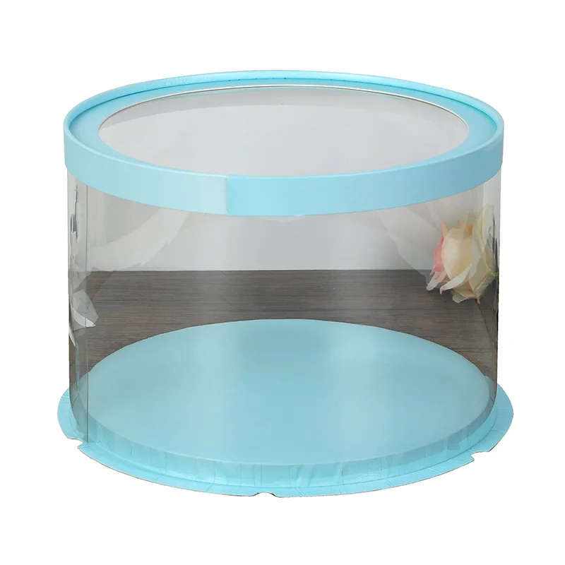 New arrival clear PET plastic round  birthday cake box clear lid blue color  10 inch tall round cake box with clear lid