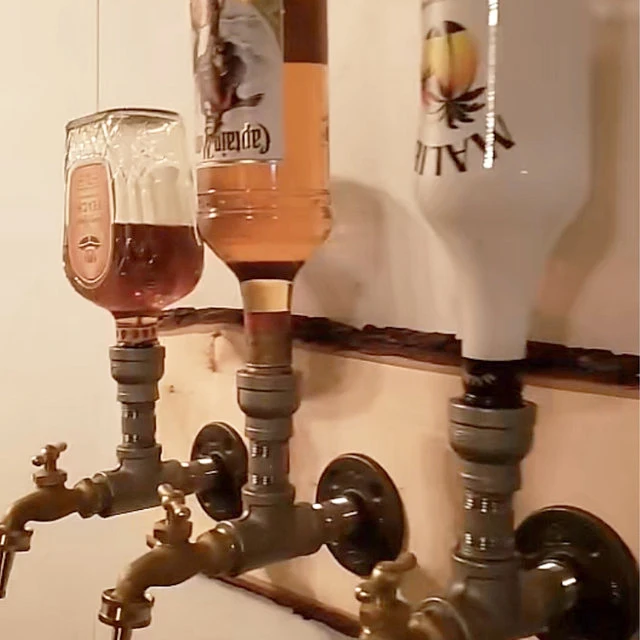 3 Bottle Hanging Industrial Wall Mounted Spirit Drink Dispenser Durable Retro Wrought Iron Bar Wine Pipe Wall Drink Dispenser