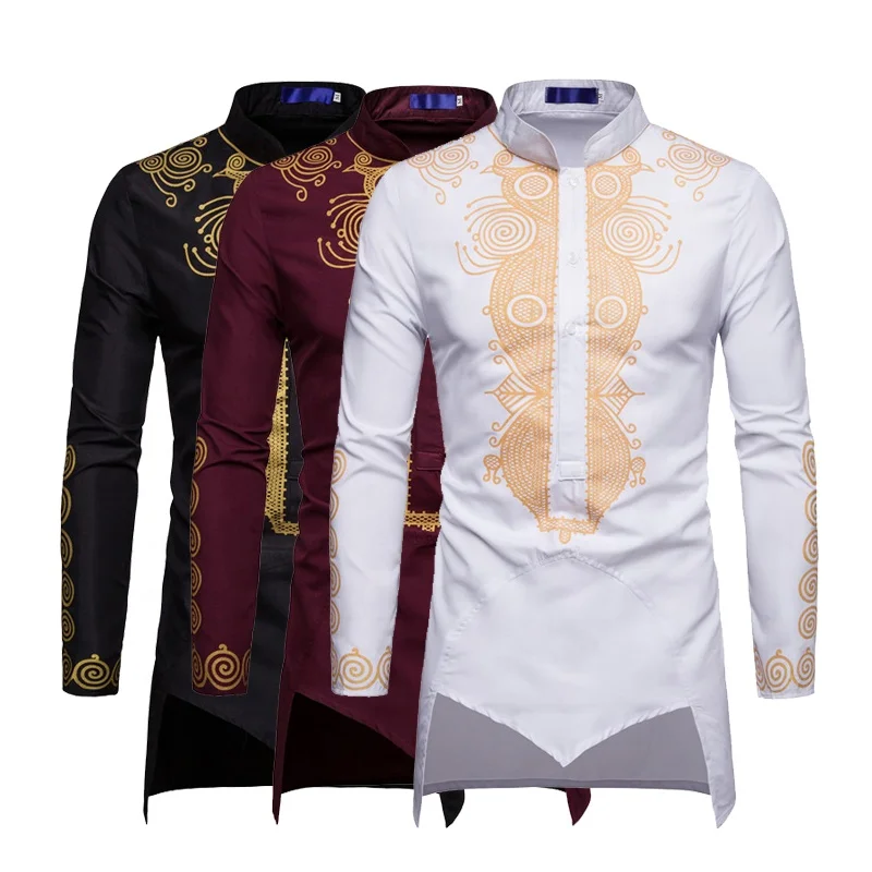 Ethnic Pattern Golden Floral Heat Transfer Print Stand Collar Thobe Muslim Clothes for Men (1600337899480)