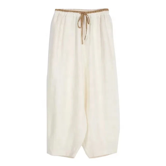 Women loose 100% Linen pant elastic waist nine point peg top pants