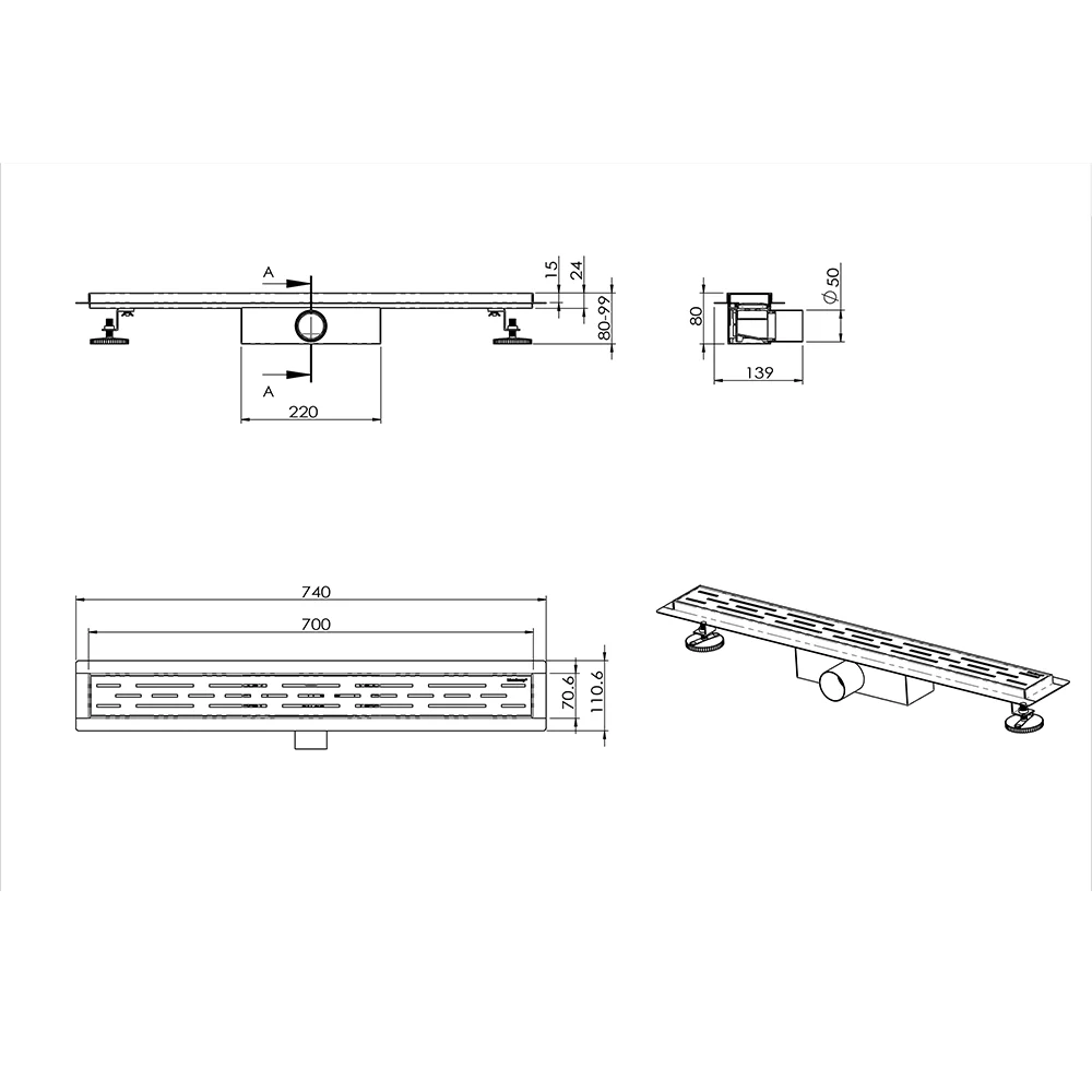 Mondeway 304 Stainless Steel Horizontal DN50 Shower Drain with Hair Filter Linear Floor Drain for Bathroom Tile Insert