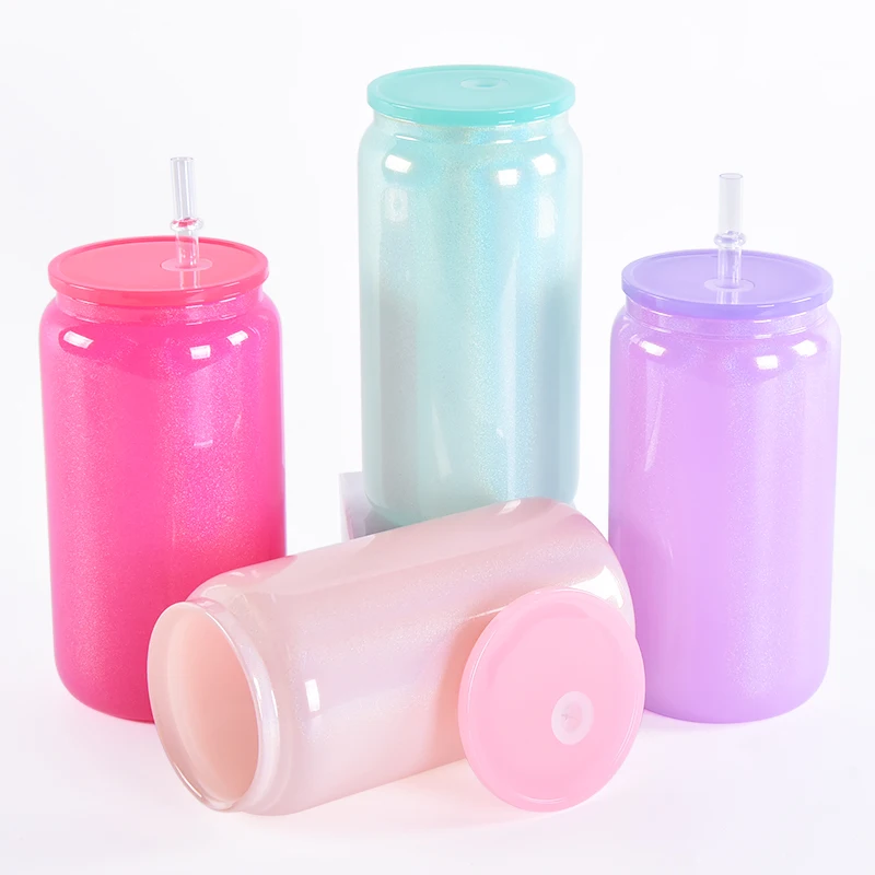 Jar Sublimation Glass Cup Mugs Transparent Single Wall Colored Clear Glass Glass Tumbler OEM Party Can Soda Beer 16oz with Lid