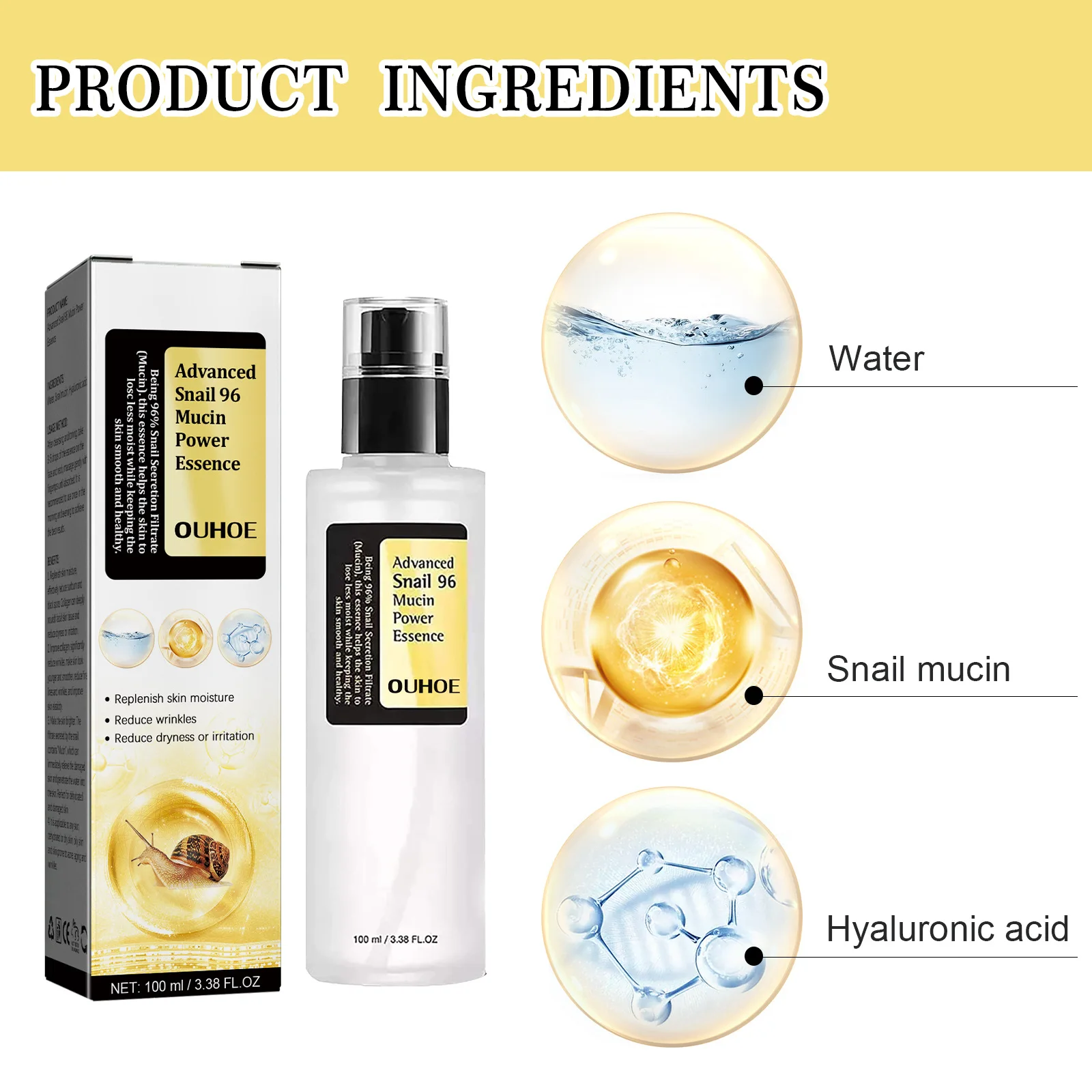 High Quality 96 Snail Serum Mucin daily Moisturizer Face Whitening Korean Skin Care OUHOE Advanced Snail 96 Mucin Power Essence