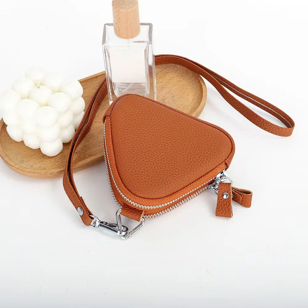Wholesale Genuine Leather Purse Triangle Design Coin Headset Cash Storage Purse Cow Leather Double Zipper Waller With Long Strap