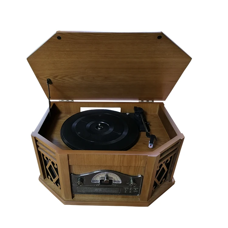 Belt-driven 3-Speed Wooden All-in-one CD/USB/Cassette/BT LP Turntable Vinyl Record Radio Player