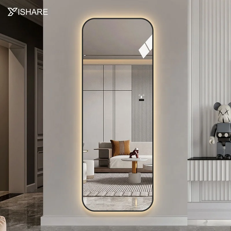 Full length wall mounted  metal framed full size length  dressing room standing floor mirror with light