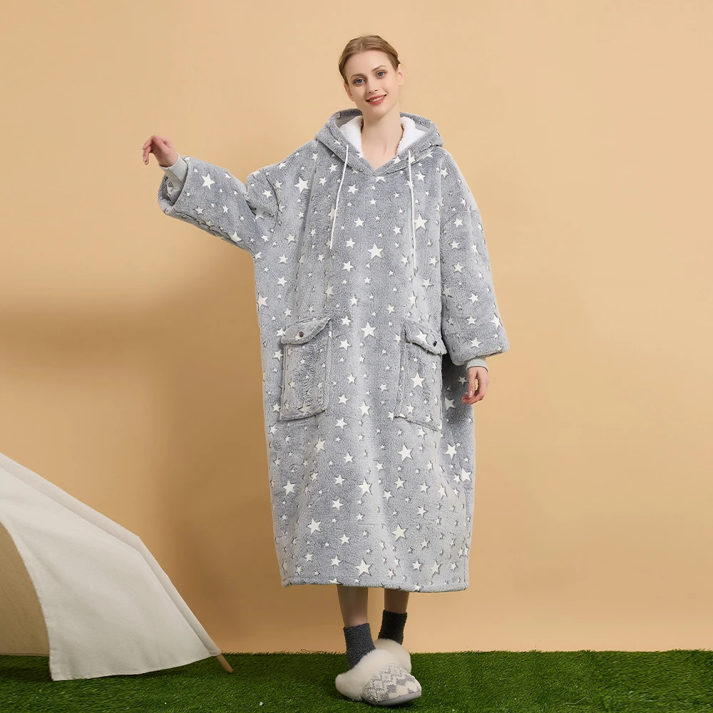 Long Oversize Sherpa Flannel Blanket Hoodie Big Pocket Blanket Sweatshirt For Women Men Teens