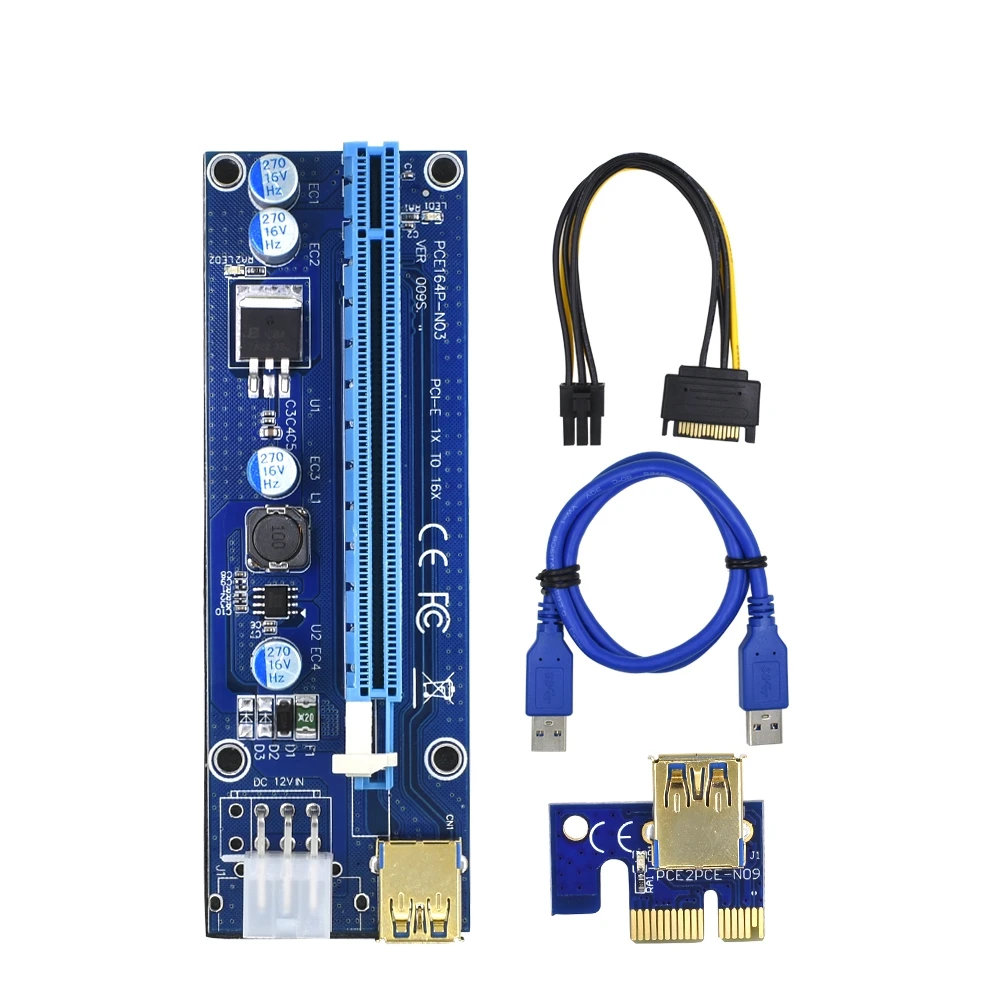 
Factory Direct Sale New Version VER009S With 3 LED Lights Gold Plated USB 3.0 1X to 16X 6PIN PCIE Riser Card for Bitcoin Miner  (1600189928331)