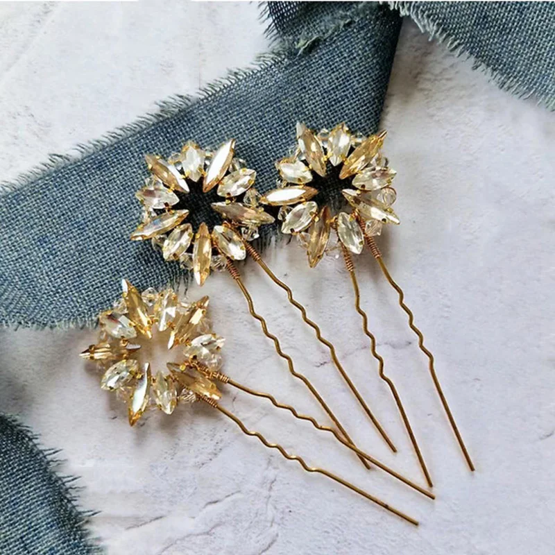 New Design Bridal Hair Accessories Crystal Flower Hair Pins Handmade Wedding Headdress Rhinestone Barrette Hair Clips