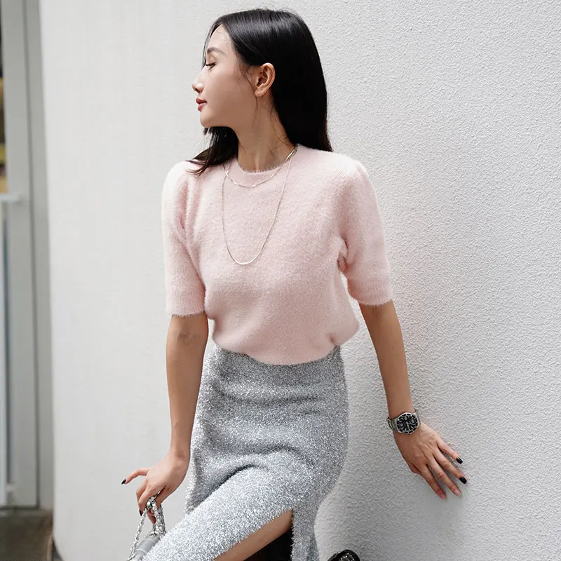 Sweater Women Casual Short Sleeve Mohair Knit Woolen Pullover Crew Neck Tops High Quality Sweatshirt for Ladies