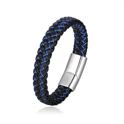 Trendy Men  2 tone  Genuine Leather magnet close stainless steel charm cool boys bangles and bracelets