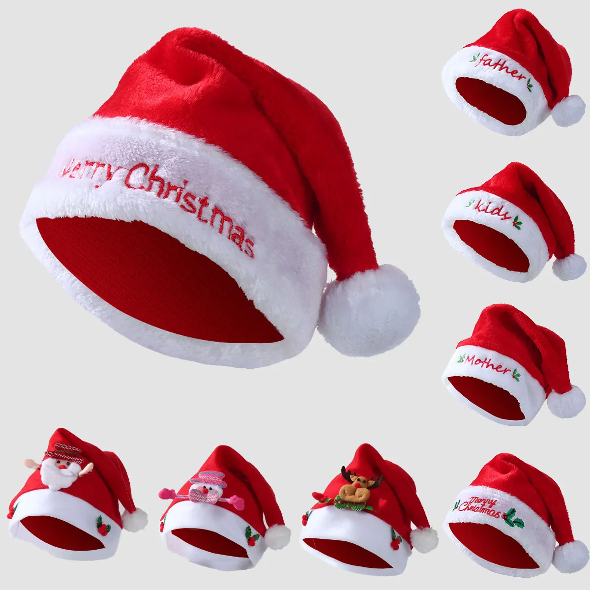 Wholesale Unisex Short Plush Family Christmas Hats Classic Red White Christmas Santa Claus Hat For Christmas Home Decoration