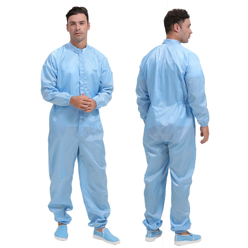 Reusable Stand up Collar Stripe Unsex Dust proof Esd Workwear Antistatic Clothing Clean room Garment Clothes for Food Industry