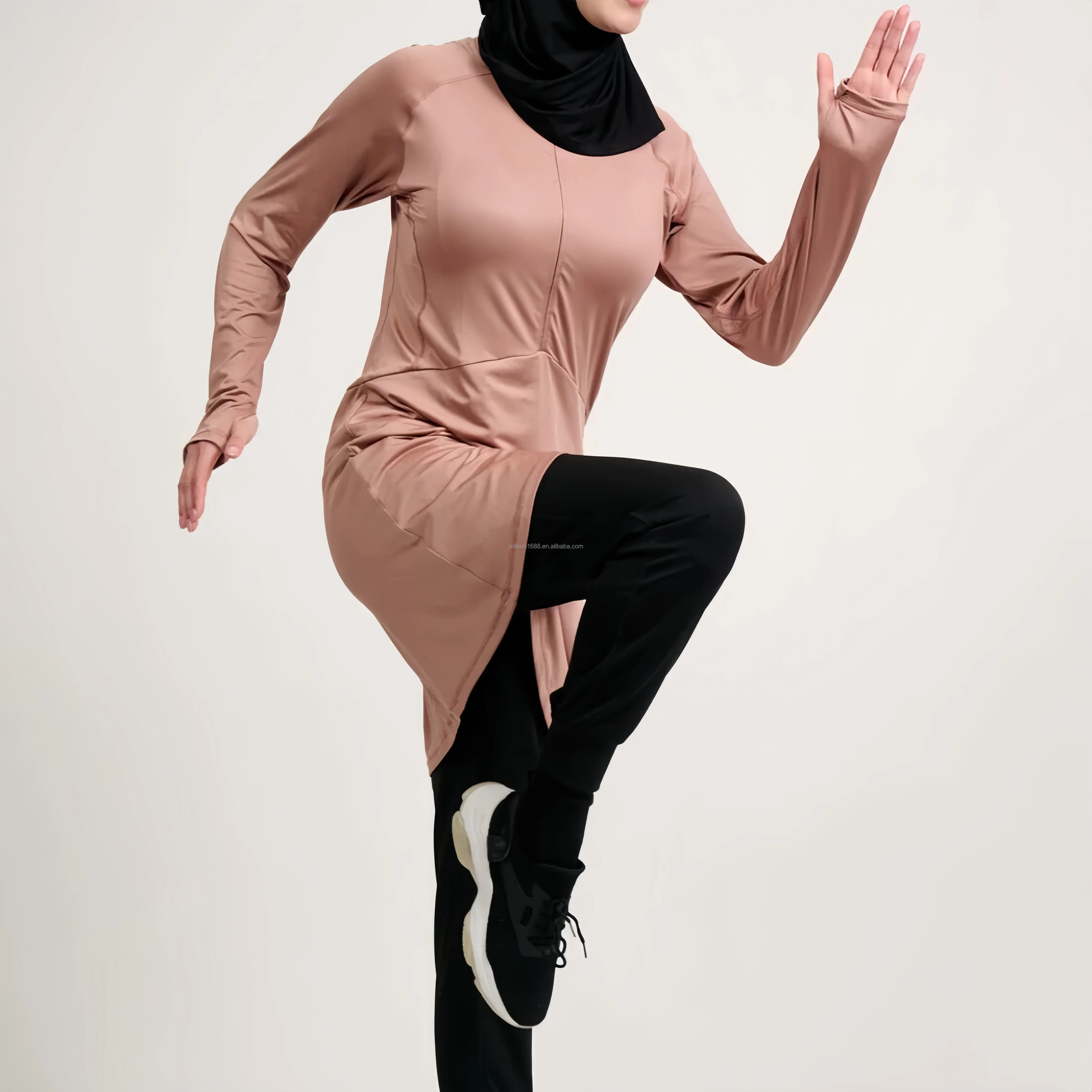 Quick Dry Islamic Modest Wear Muslim Outfit Long Sleeve Tops Sportswear Wholesale Womens Muslim Knitted Abaya Gym Clothes
