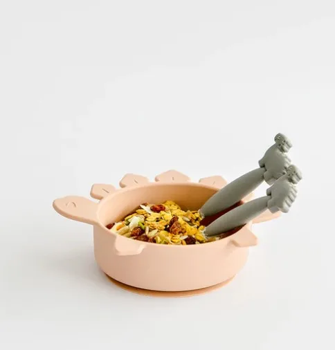 Silicone Kids Dinosaur Suction Bowls Cute Dino Bowls With Fork and Spoon Baby Dinosaur Cutlery