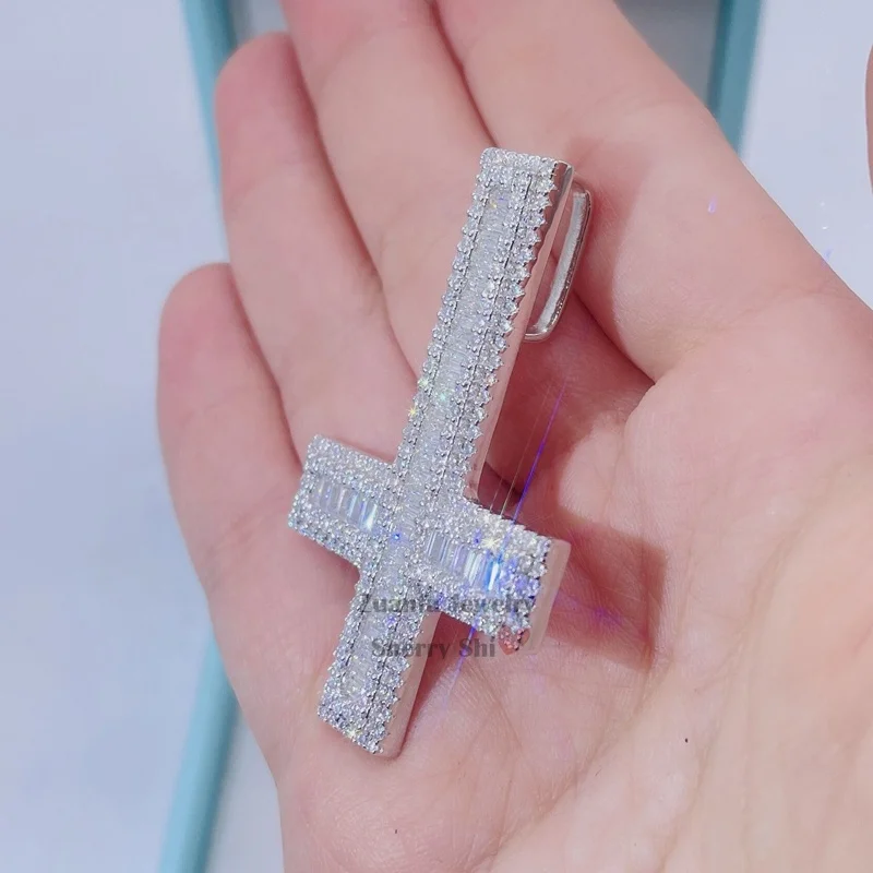 whiote gold 925 silver vvs moissanite diamond iced out hip hop pass diamond tester upside down cross pendant