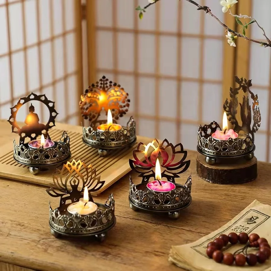 Retro iron candlestick butter lamp lotus Buddha lamp offering Buddha candle stand light metal Zen ornaments