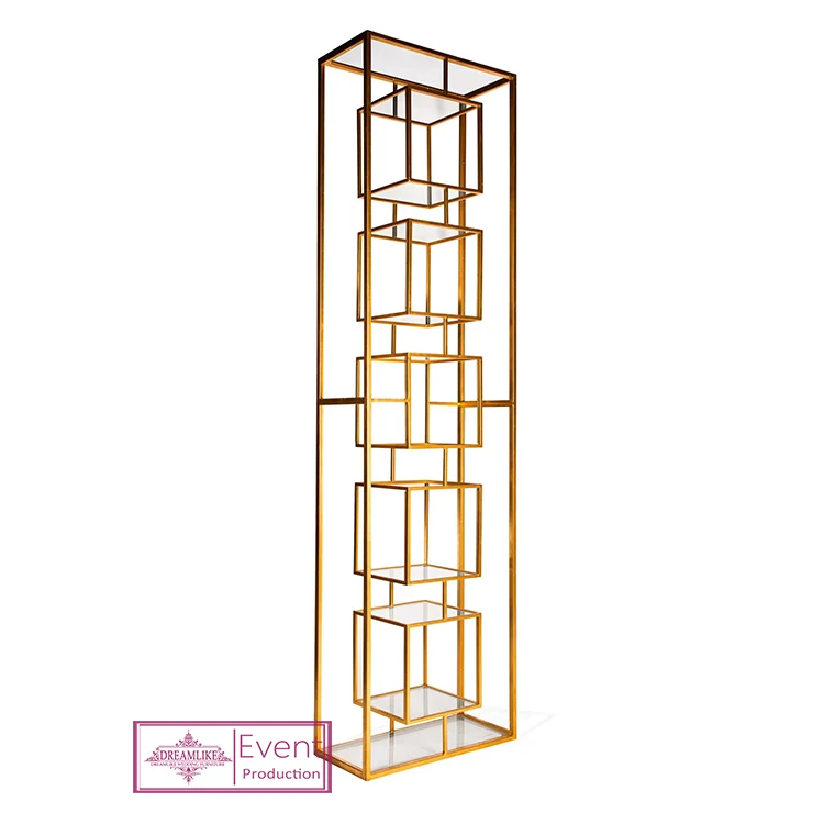 Gold rectangle gold metal frame wine shelf with glass Customized Design Wine Bar Rack