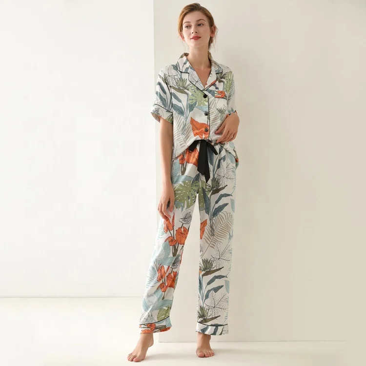 Spring Plant Satin Silk Women Pijamas Leaves Dot Print Lacing-Up Pants V Neck Short Sleeve Long Pant Pijamas Woman Nightwear