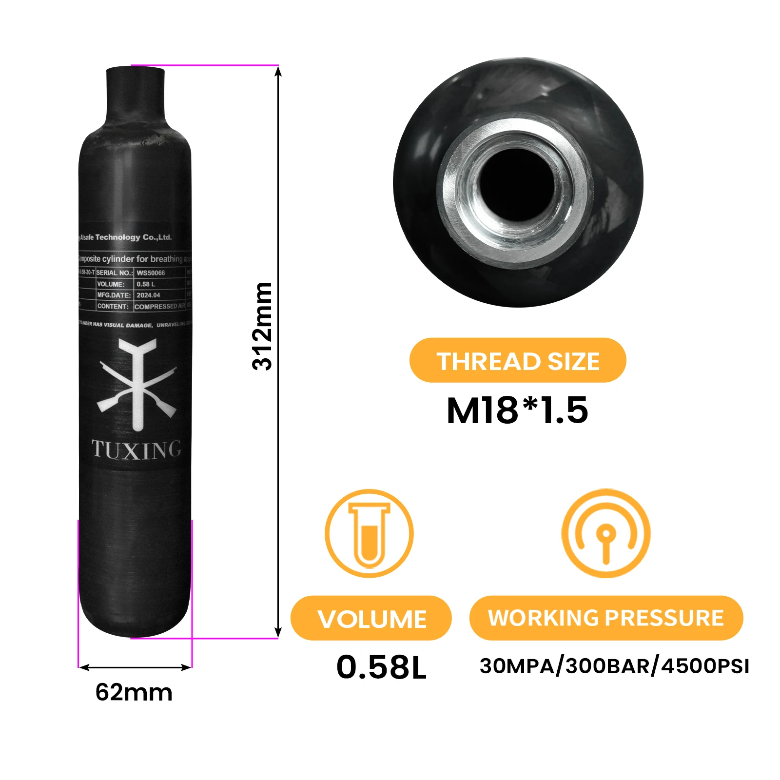 Сжатие ODM OEM Заводская прямая продажа 300 бар 580cc 0 58l 4500psi 30 мПа Упакованные композитные газовые баллоны из углеродного волокна воздушные бутылки