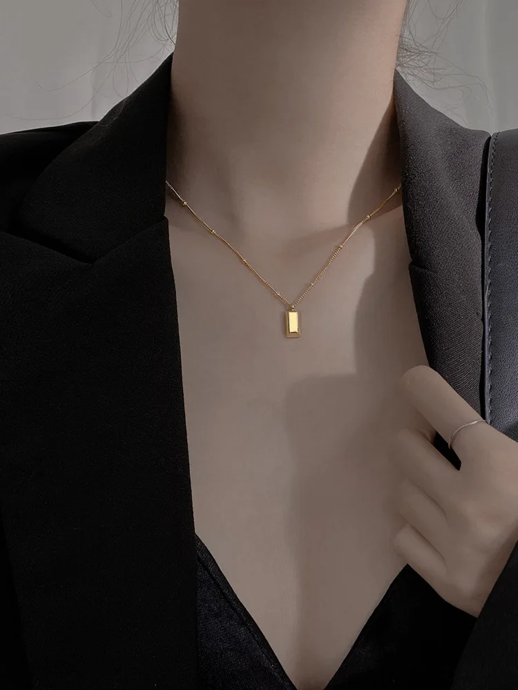 Rectangle gold bar necklace in 2022 new female sterling silver necklace female high design sense niche clavicle chain female